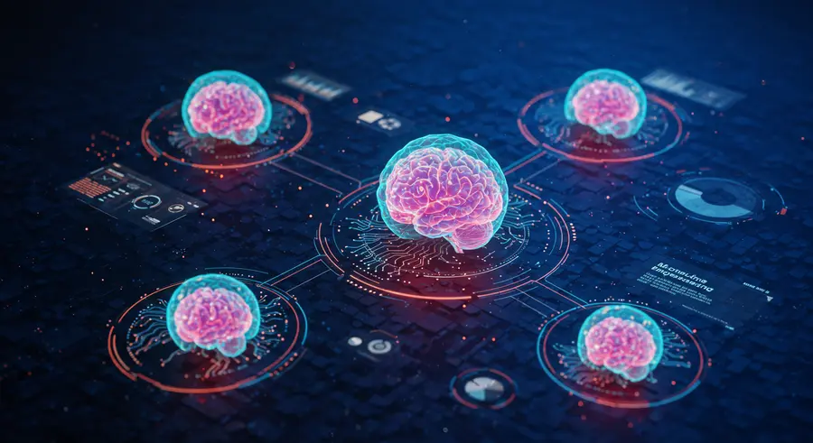 AI brains interconnected with complex system diagrams, showing AI-driven resilience in Chaos Engineering