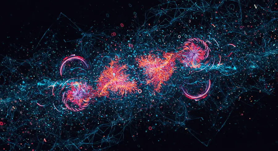 Abstract representation of machine learning algorithms predicting system failures, integrated with chaos engineering concepts, digital network in background.