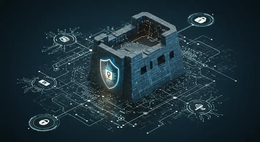A conceptual image illustrating a secure, resilient digital fortress protecting valuable data, with elements of AI and advanced cybersecurity protocols.